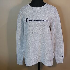 CHAMPION Woven Look, Chevron Pattern, Embroidered Spellout Crewneck Pullover